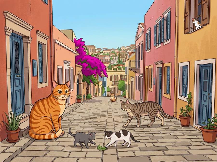 A whitewashed alley in Ermoupoli, Syros, with street cats on the steps